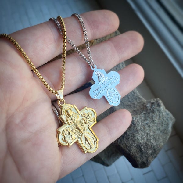 Vierwegmedaille met kruis en Heilig Hart in zilveren of gouden ketting, wonderbaarlijke medaille van Sint-Jozef en Sint-Christoffel, op maat gemaakte ketting + fluwelen tasje