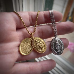 The Lords Prayer Oval Locket Pendant Necklace with Mary - Long lasting Gold or Rhodium Plating on custom length curb chain or Venetian chain