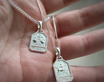 Solid Sterling Silver Zodiac Dog Tag Pendant Necklace with or without chain, Unisex, Masculine, Mens Astrology Horoscope Charm Pendant Only