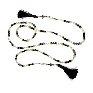 Black and Pearl Tassel Lariat with Gold Details and Black Crosses - Medieval, Tudor, Reign Inspired