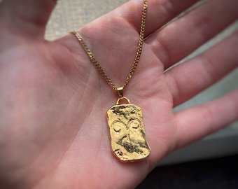 Large Gold Aries Ram Dog Tag Pendant with or without chain - Zodiac Astrology Horoscope Pendant, vintage style - 22k gold plating