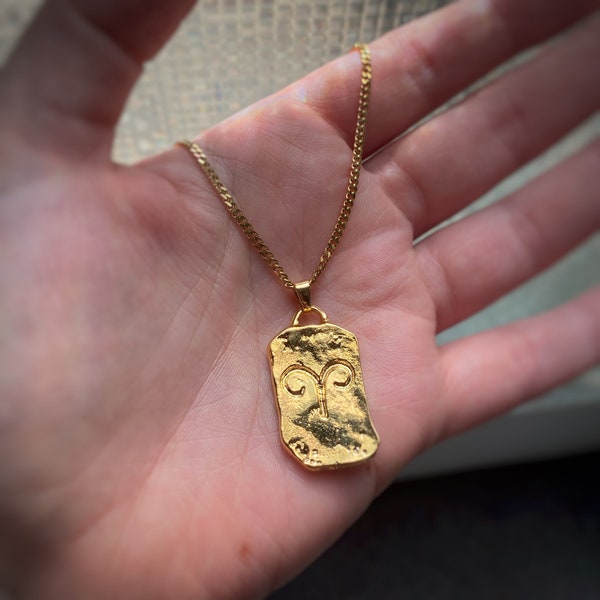 Large Gold Aries Ram Dog Tag Pendant with or without chain - Zodiac Astrology Horoscope Pendant, vintage style - 22k gold plating