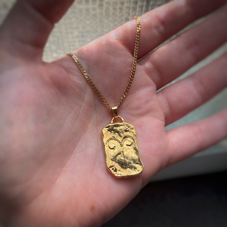 Pu&ograve; includere: Una collana con catena dorata con un ciondolo dorato che presenta il simbolo astrologico dell'Ariete. Il ciondolo &egrave; di forma rettangolare e testurizzato.