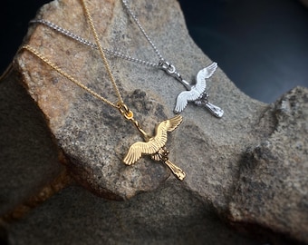 Crane Pendant or Necklace in Gold or Rhodium Plated, chain options, velvet gift bag. Symbolic of longevity peace good fortune loyalty
