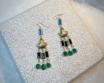 Art Deco / Georgian / Art Nouveau / Medieval Chandelier Earrings in vintage brass and Czech glass ~ sapphire blue, onyx black, emerald green