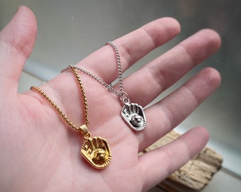 Baseball Glove Charm in Gold, Rhodium or Solid Silver, Pendant Necklace on custom Venetian or Curb chain, or charm only available, Softball