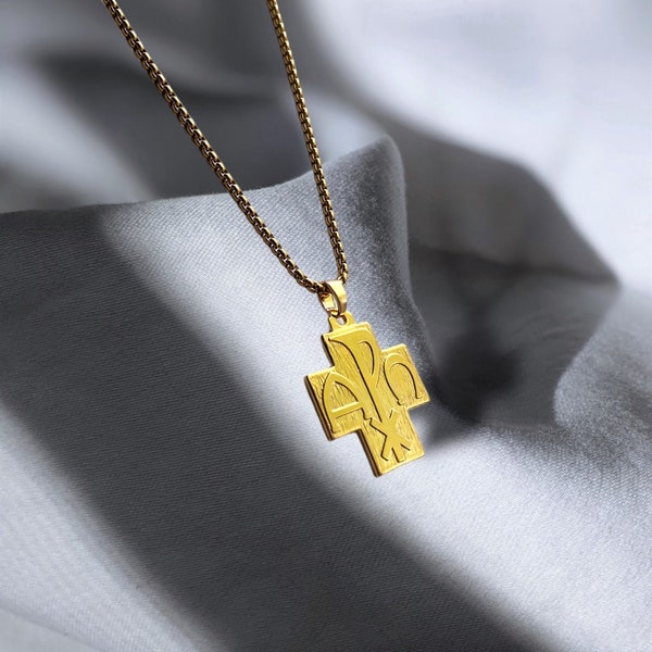 Chi-Rho Cross w/ Apha Omega Charm Pendant Necklace comes with or without chain options, long lasting gold or rhodium plating