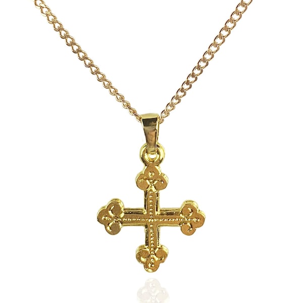 Pendentif Botonnée Cross plaqué or avec ou sans collier chaîne de longueur personnalisée - croix occitane ornée de style médiéval