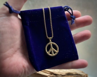 Gold Peace Sign Charm Necklace with Cubic Zirconia on custom length Venetian or curb chain. Peace on Earth!