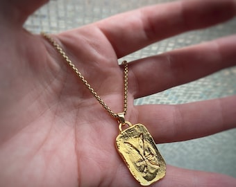 Colgante grande de chapa de identificación Piscis en oro, con o sin cadena - Colgante del horóscopo zodiacal, estilo vintage - Baño de oro de 22 quilates