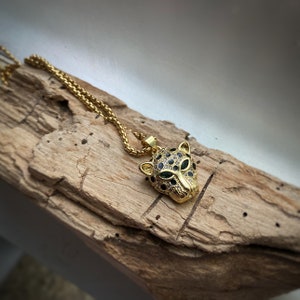 Leopard Pendant Necklace w/ Black Enamel and Cubic Zirconia on custom length Venetian or curb chain. Long lasting gold plating. Cat charm!