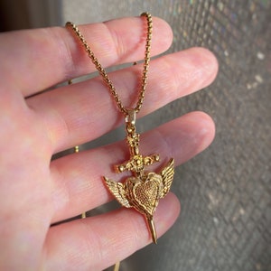 Gold Plated Medieval Style Ornate Cross Sword Pendant with Heart with Wings Necklace - w/ or without custom length chain  - Pendant only too