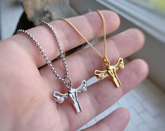 Collier à breloques ou pendentif ventre utérin en or ou rhodium, options de chaîne personnalisées, pochette cadeau en velours. DM sur les prix en livres sterling.