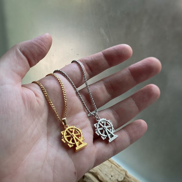 Ferris Wheel Charm in Gold or Silver Pendant Necklace on custom length Venetian or Curb chain, or charm only available too.