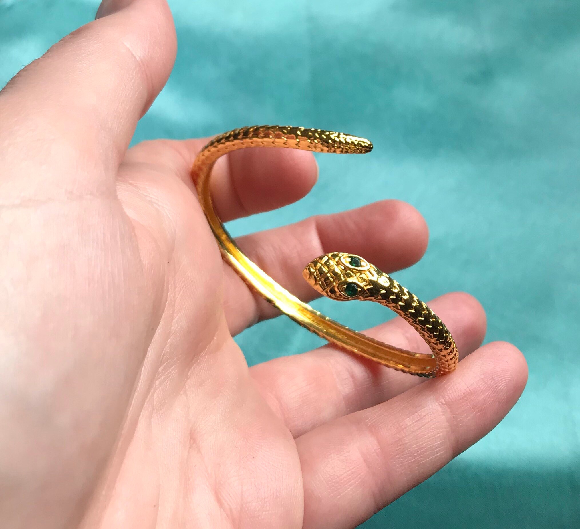 Textured 24k Gold Plated Snake Cuff Bracelet With Emerald Green CZ