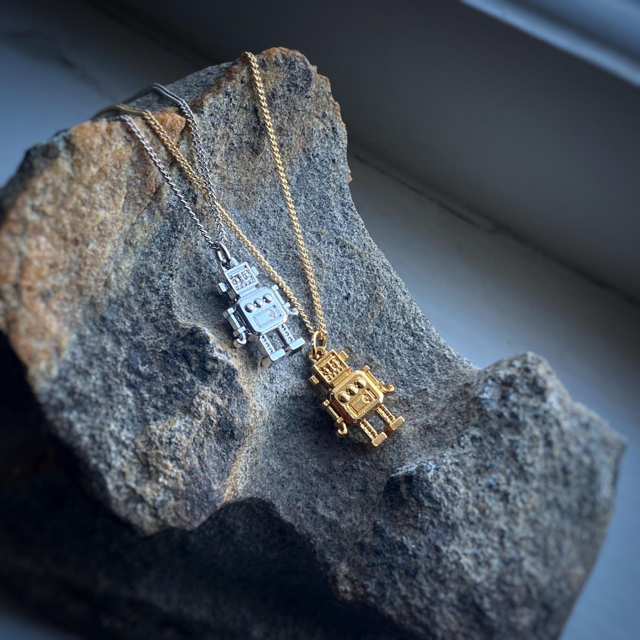 Robot Pendant or Necklace in Gold or Rhodium Plated, With Chain