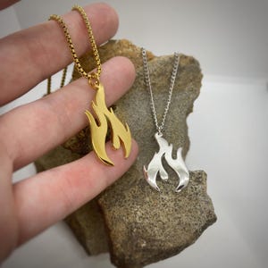 Fire Charm Pendant Necklace comes with or without chain options, gold or rhodium (silver) plated, made in the US and Canada