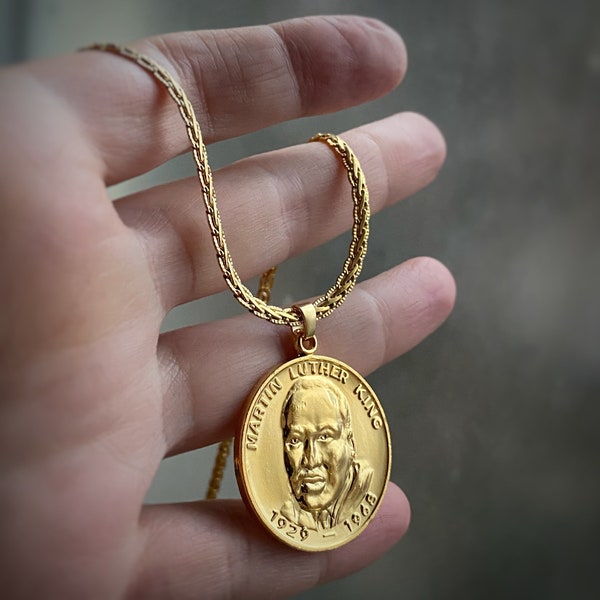 Large Gold Martin Luther King Bust Pendant with or without chain - “I have a dream / free at last” quote on back - SALES DONATED
