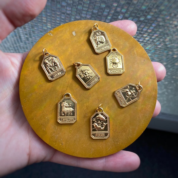 Colgante con placa de identificación para perro y signo zodiacal en oro macizo de 14k o 10k, o plata de ley.