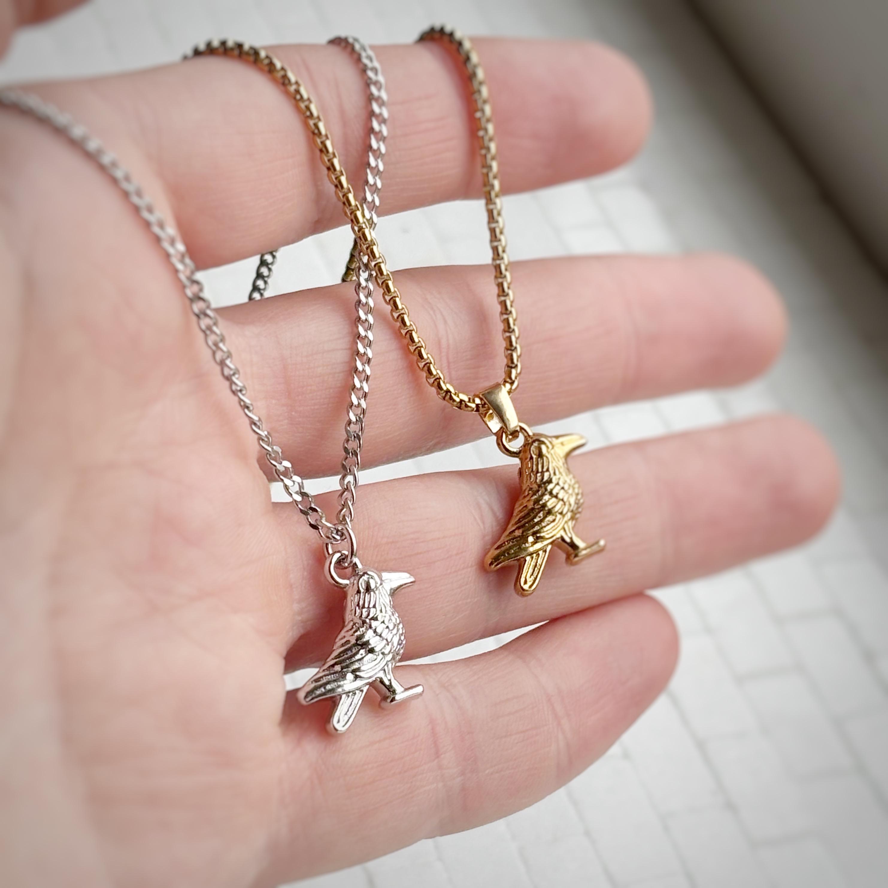Crow Charm or Raven / Black Bird Pendant Necklace in Gold or