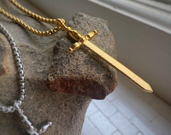 Large Sword Necklace in Gold or Rhodium on Venetian Chain in