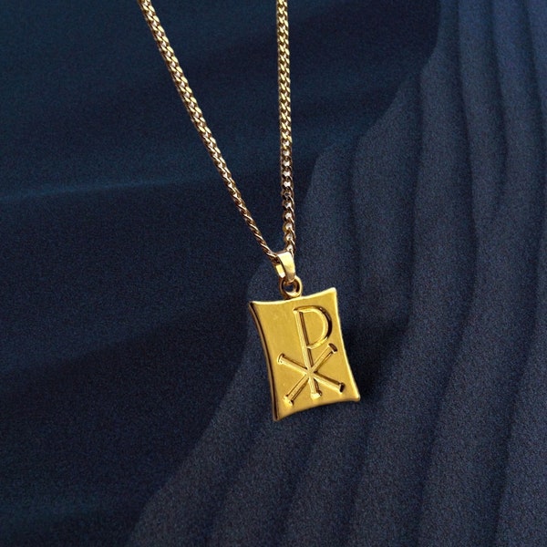 Chi-Rho Charm Pendant Necklace comes with or without chain options, gold or rhodium plated, can add custom color, Christ Monogram