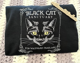 Black Cat Sweatshirt, Witchy Crewneck, Gothic Cat Shirt, Cat Lover Gift, Embroidered Cat Sweatshirt