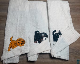 Playful Pet Embroidered Tea Towel | Custom Dog & Cat Kitchen Towel | Waffle Weave Cotton Dish Towel | Animal Lover Gift |