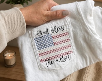 God Bless the USA Embroidered Pocket T-Shirt | Patriotic Fourth of July Shirt | Americana Tee | USA Flag Pocket Design