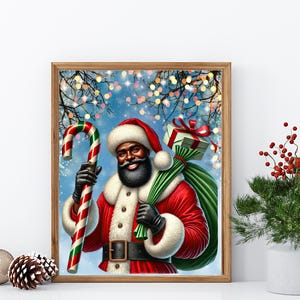Festive Black Santa Digital Art Poster, Christmas Wall Decor, Vibrant Holiday Print, Instant Download