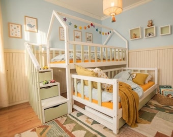 Veilig stapelbed, speelhuisje met lades, kinderkamermeubels