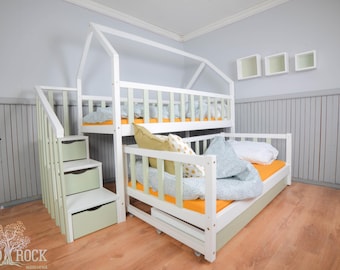 Bezpieczne łóżko piętrowe, łóżko domek do zabawy z szufladami, meble do pokoju dziecięcego