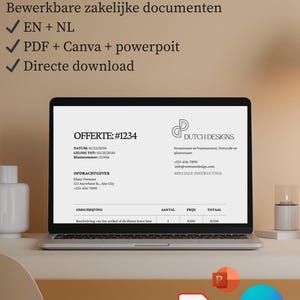 Op de afbeelding: Een laptop met een sjabloon voor een zakelijk document, met de tekst "OFFERTE: #1234". De afbeelding bevat de tekst "PDF + Canva + powerpoit" en "Directe download". Een kaars en een witte vaas staan op het bureau.
