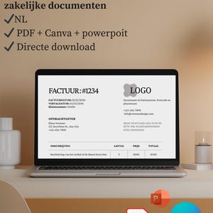 May include: A laptop screen shows a business invoice template with the text "FACTUUR:#1234". The screen displays fields for invoice details, a logo, and a description. The image also includes icons for PDF, Canva, and PowerPoint.