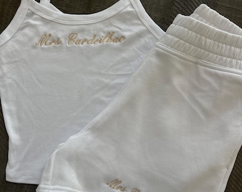 Custom embroidered matching tank top and shorts set, custom bridal party set, bachelorette set, bride to be