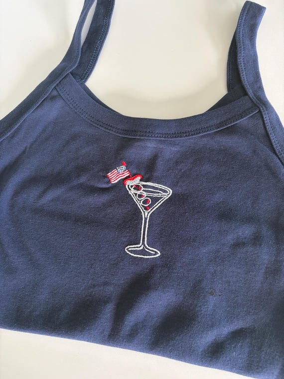 Martini, flag and hotdog Embroidered Tank Top, 4th of July Bella Canva Shirt