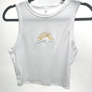 Beachy embroidered tank top, sun with waves, cute tanks