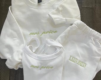 Bride Embroidered Tank, Sweatpants and sweatshirt Set, Bridal Bundle