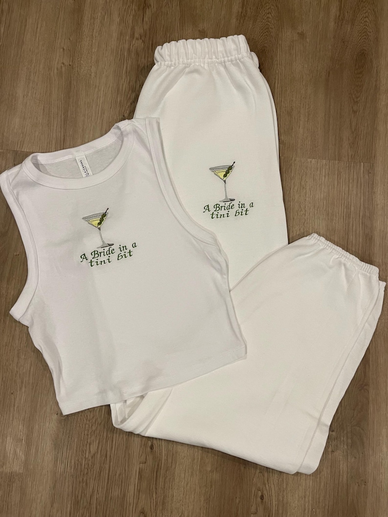 A bride in a tini bit embroidered matching tank top and sweats pants set, customized bridal party set, bachelorette set, dirty martini bride