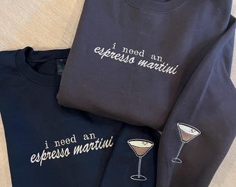 Embroidered Espresso Martini Crewneck Sweatshirt, Cocktail Gift
