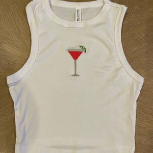 Cosmo embroidered tank top, cocktail lovers, martini glass, embroidered tank cute tops, trendy women’s tank, alcohol tank