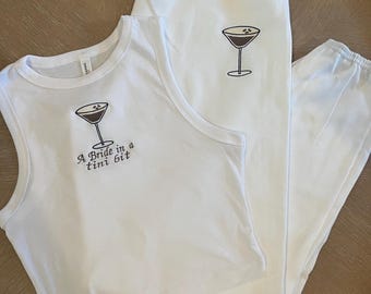 A bride in a tini bit embroidered matching tank top and sweats pants set, custom bridal party set, bachelorette set, espresso martini bride