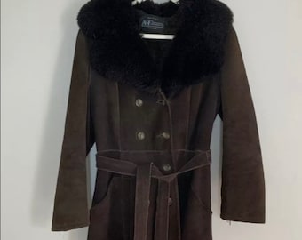 Vintage 70s Penny Lane Dark Chocolate Brown Suede Sheepskin Shearling Collar Tie Waist Jacket A&F Originals Abercrombie Fitch Small Medium