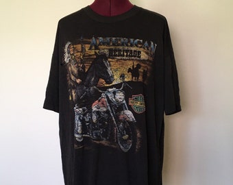 Vintage Harley Davidson Biker T-shirt ate Threadbare Black Native American Heritage Horse Haloubek XL Cotton Poly 50/50 Distressed