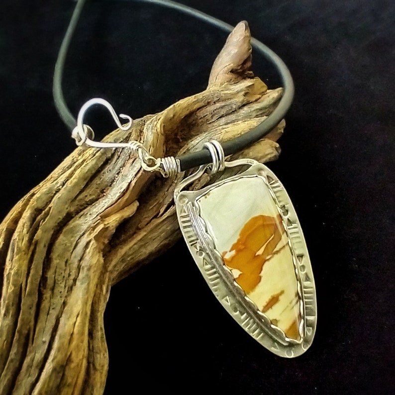 Owyhee Jasper Sterling Silver Pendant, Gothic Point Shape Designer Cabochon, Hand Stamped Pattern on Sterling Silver, Picture Jasper image 2