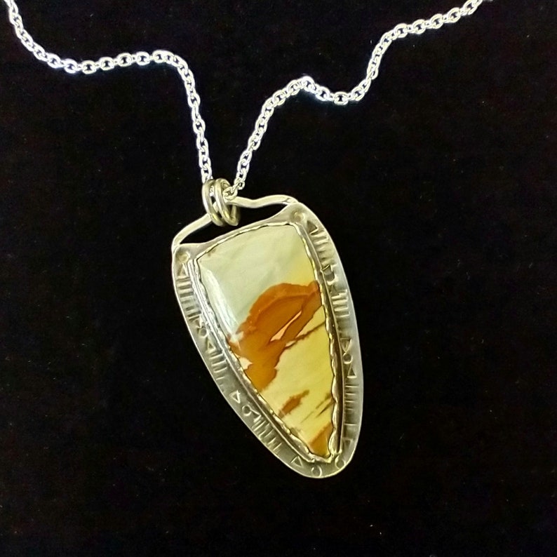 Owyhee Jasper Sterling Silver Pendant, Gothic Point Shape Designer Cabochon, Hand Stamped Pattern on Sterling Silver, Picture Jasper image 8