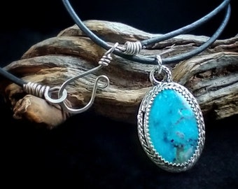 Turquoise Pendant,  Sterling Silver Setting, Traditional Design, Oval Turquoise Cabochon, Available with Leather or Sterling Chain Necklace