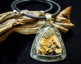 Deschutes Jasper Sterling Silver Pendant, Gothic Point Shape Designer Cabochon, Handcrafted Sterling Silver Necklace, Picture Jasper Jewelry