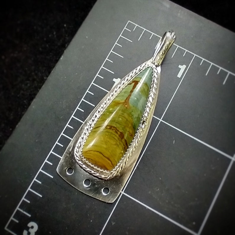 Sterling Silver Pendant, Caldera Paint Jasper Stone, Elongated Triangle Shape, Designer Cabochon, Handmade Silver Jewelry, Picture Jasper image 3