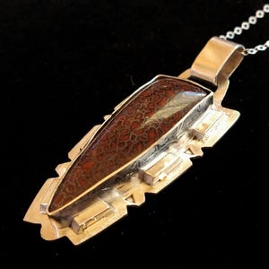 Dinosaur Bone Sterling Silver Pendant, Blood Red Dinosaur Bone Cabochon, Gothic Point Triangular Stone, Handcrafted Artisan Jewelry